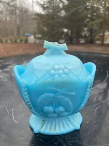 Antqu Portieux Vallerysthal? Blue Opaline Glass Lidded Basket Powder Jar Cherry - Picture 1 of 3