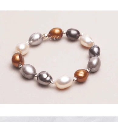 Charm 7.5"10-13mm South Sea Genuine White Gray Chocolate Potato Pearl Bracelet - Image 1 of 2