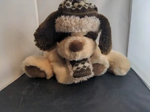 HugFun Brown and Ivory Puppy Dog Plush Stuffed Animal Toy With Hat and Scarf 11" - Picture 1 of 9