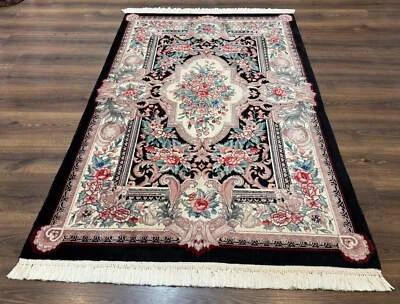 Aubusson Rug 4x6, Elegant European Floral Design, Black and Ivory, Fine 200 KPSI - Image 1 of 4