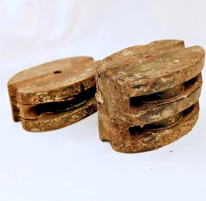 Antique Set of Nautical Pulley Blocks and tackle wood with Sea Tartar - Picture 1 of 7