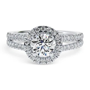 Round Cut Lab Grown Diamond Split Shank Halo Engagement Ring In 18k Gold - Picture 1 of 10