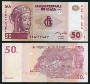 Congo DR 50 francs 2000.01.04. Tshokwe Mwana Pwo Mask P91A HdM UNC - Picture 1 of 3
