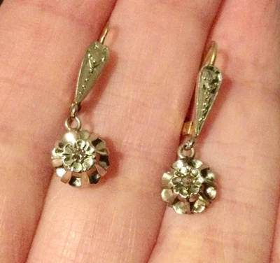 Or 750-Diamant Dormeuses 1900 Anciennes Boucles d’Oreilles Trembleuses 18 Carats - Photo 1/4