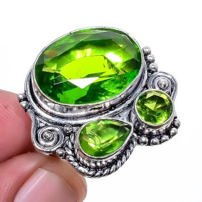 Burmese Peridot Gemstone Silver Plated Jewelry Ring s.7 S2767 - Image 1 of 4