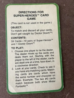 MARVEL SUPER-HEROES CARD GAME DIRECTIONS CARD 1978 MILTON BRADLEY - Image 1 of 2
