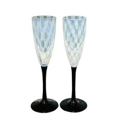 Hirota Glass [Taisho Romantic Flute Wine Glasses Checkered & Polka Dot Design - Image 1 of 3