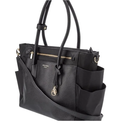 Usado en excelente estado $365! HENRI BENDEL CUERO NEGRO CON INTERIOR MORADO BOLSO GRANDE DE MANO O BOLSO DE PAÑALES Foto 1 de 4