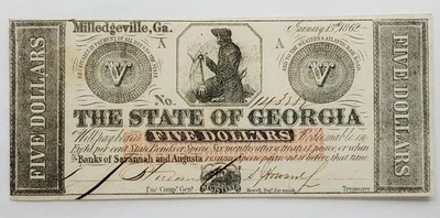 1862 $5 The State of Georgia, Milledgeville, Stamped Reverse  No. 143282 - Image 1 of 4