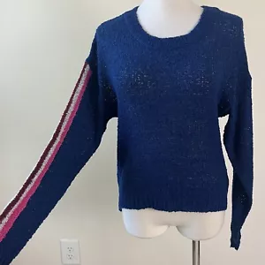 Suéter Azul con Mangas a Rayas Talla Pequeña Suéter Tejido Abierto - Imagen 1 de 7