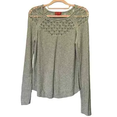 Elle  Sweater Women's Size M Lace Knit Light Grey Raglan Long Sleeve Cotton - Image 1 of 4