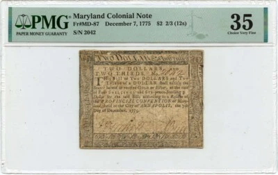1775 December 7, $2 2/3 Maryland Colonial Note FR#MD-87 PMG VF35 Finest Known - Image 1 of 2