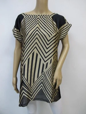 Gold & Black Woven & Knit Combo Geo Print Short Sleeve Tunic Top Size S - Image 1 of 2