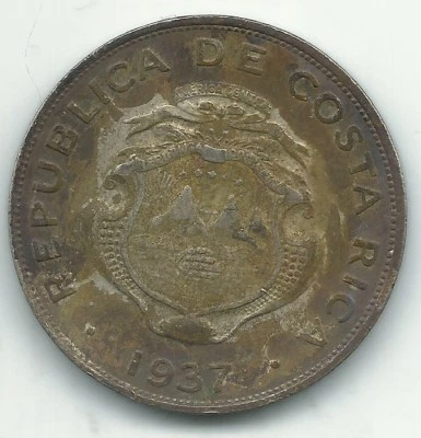 A BETTER GRADE 1937 COSTA RICA 50 CENTIMOS COIN-DARK COIN-NOV120 - Image 1 of 2