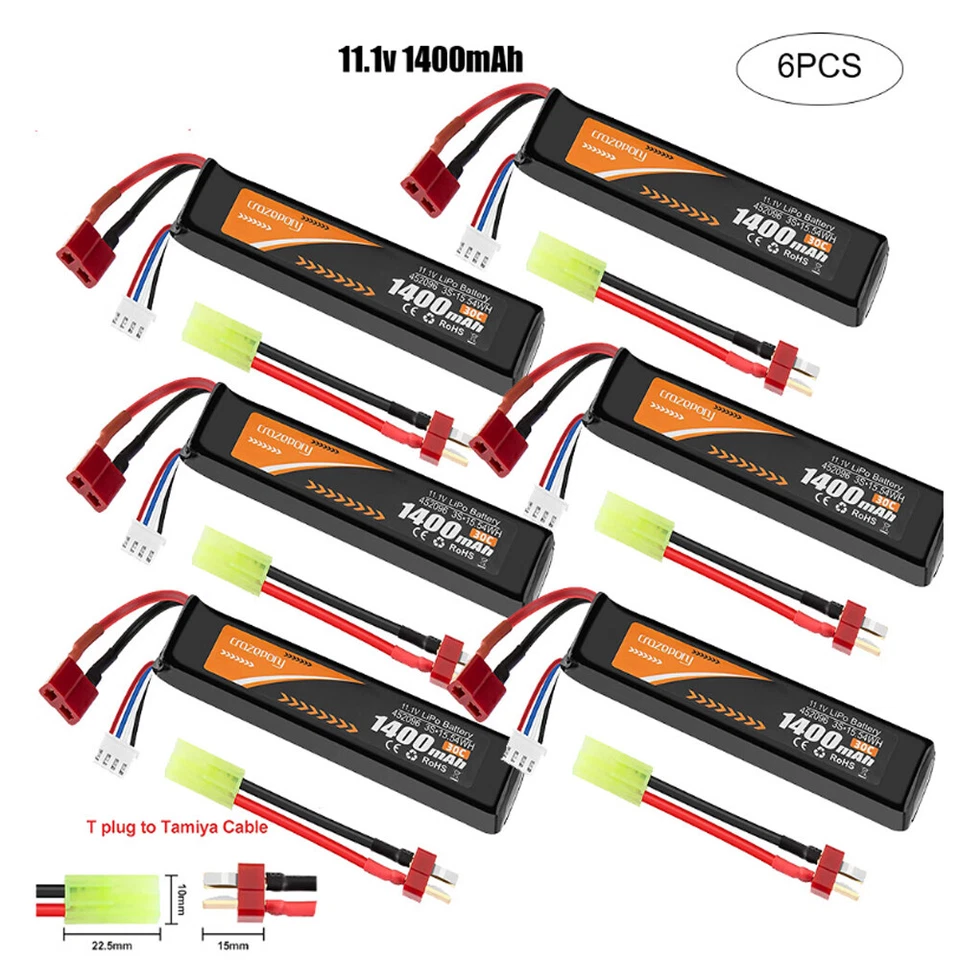 6 x 11,1V 1400mAh 30C Airsoft Hobby LiPo Akku Wiederaufladbarer Deans T Stecker - Bild 1 von 4
