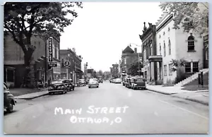 Cartolina RPPC OH Ottawa Ohio Main Street Chevy Marathon insegne a gas anni '40 OH05 - Foto 1 di 2