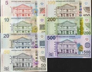 Suriname Set 7 UNC 5 10 -200 500 Dollars 2012-2024 P 162 163 164 165 166 166A B - Picture 1 of 4