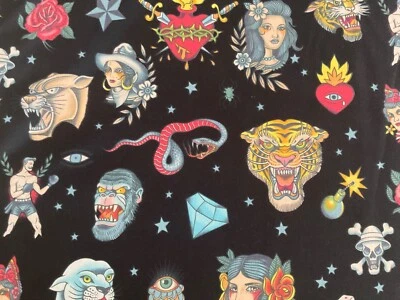 Alexander Henry Feathers + Fire,vintage-look tattoo, sacred heart, dice blk BTY  - Image 1 of 2