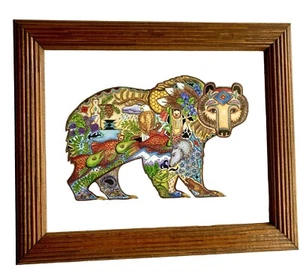 Sue Coccia Bear Print Ribbed Wood Frame Stunning Intricate Nat American Design - Picture 1 of 4