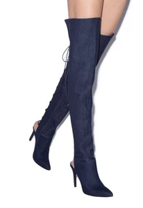 Aceline by SHOEDAZZLE, Blue denim open lace up back OTK/thigh boots, SZ 8 - Picture 1 of 4