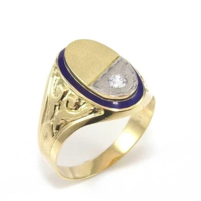 Anillo vintage de oro blanco de 14 quilates de oro amarillo para hombre 10,75 esmalte azul circonita cúbica transparente Foto 1 de 4