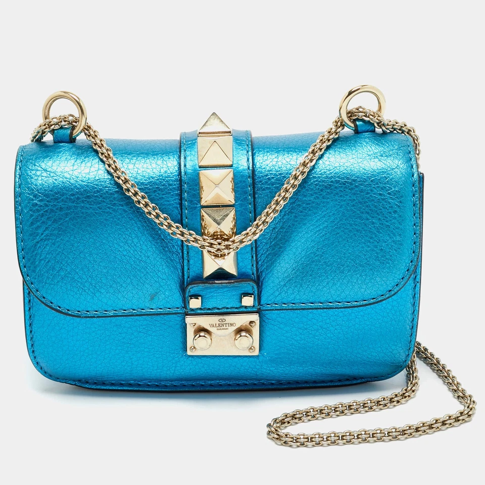 Bolso Valentino Pequeño Rockstud Glam Lock Solapa Cuero Azul Metálico Foto 1 de 4