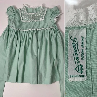 Vtg Baby Dress 1950s Cotton Famous Philippines Pale Green Handmade - Image 1 of 4