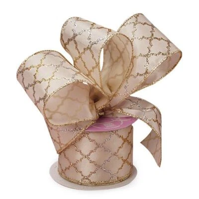 7 Yds Cream Off WHITE QUATREFOIL RIBBON Wired Silver Gold Rose Gold 2.5 Wide - Image 1 of 3