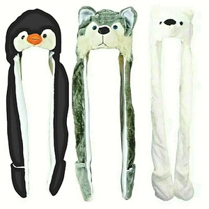 Sombrero de peluche pingüino/oso polar/husky/lobo/leopardo/animal con bufanda 3 en 1 - Imagen 1 de 11