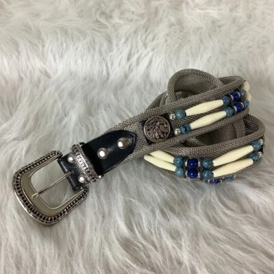 Cinturón de malla plateada con cabeza de indio occidental vintage de los 80 con cuentas azules y plateadas Foto 1 de 4