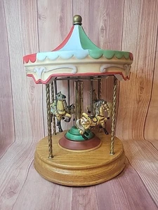 Musical Carousel Four Porcelin Rotating Horses on Oak Base Carousel Waltz - Picture 1 of 8