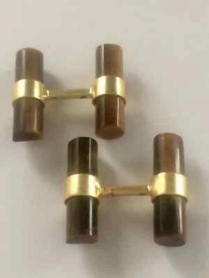 Natural Tiger's Eye Gemstone Gold Plated 925 Sterling Silver Cufflinks For Men's - Image 1 of 4