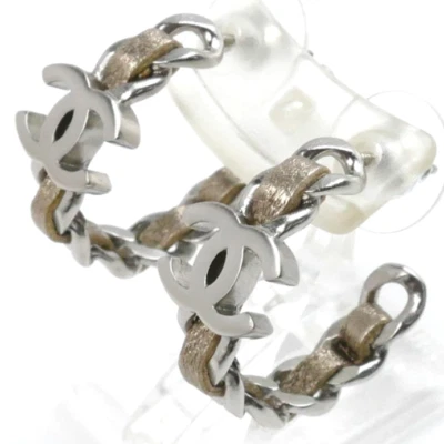 CHANEL CC Logos Leather Chain Hoop Earrings Silver Tone 16B Auth w/Box #1103-1 - Image 1 of 4