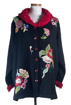 Cardigã Storybook Knits suéter 2X bordado com miçangas floral novo com etiquetas preto - Imagem 1 de 4