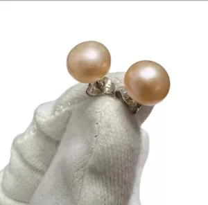 925 Sterling Silver 8MM Golden Genuine Pearl Ladies Stud Earrings - Picture 1 of 5