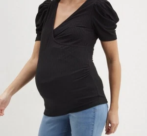 Dorothy Perkins Maternity Black Rib Puff Sleeve Wrap Top BNWT Size 16 RRP £25 - Picture 1 of 7