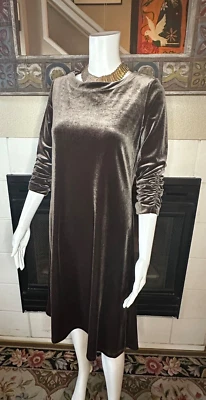 Susan Graver xxs 3/4 sleeves brown velvet dress armpit to arm pit 18" length 41" - Image 1 of 4