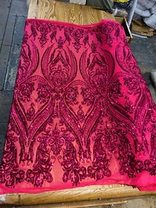 FUCHSIA DAMASK SEQUINS DESIGN ON A 4 WAY STRETCH  MESH-PROM-BY YARD. - Picture 1 of 1