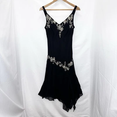 Vtg Dress Barn Black Silk Beaded Floral Mermaid Dress 8 Handkerchief Y2k Fairy - Image 1 of 4