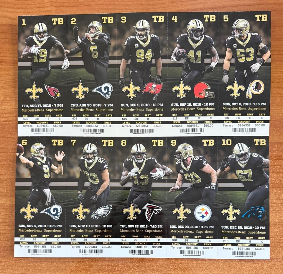Hoja completa de boletos de fútbol americano de los New Orleans Saints de la NFL Drew Brees Record 2018 Foto 1 de 1
