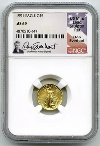 1991 American Eagle $5 Gold Coin 1/10 oz NGC MS69 Don Everhart Signature - K497 - Picture 1 of 4