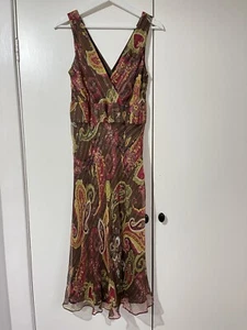 Vintage Y2K Planet Silk Bias Cut Dress UK10 28” Waist Boho Paisley Brown Pink - Picture 1 of 11