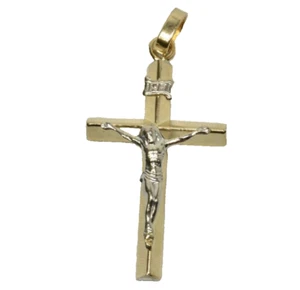 14k Yellow Gold Vintage Cross White image Crucifix Pendant Triangle Bar style - Picture 1 of 8