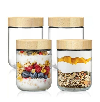 Paquete de 4 frascos de vidrio de 16 oz con tapas herméticas contenedores de avena para pasar la noche con bambú Foto 1 de 4