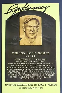 Lefty Gomez (d.1989) HOF Autographed Hall of Fame Plaque Signed 3x5 Postcard - Picture 1 of 2