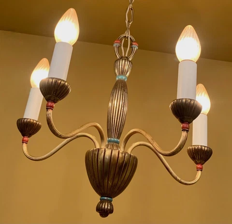 Vintage Lighting 1940 Moe chandelier. Gold! Blue! Red! Striking! Cover