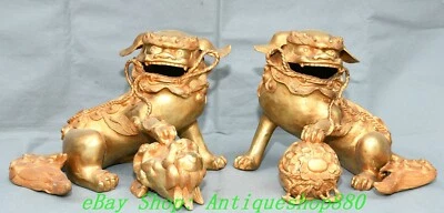 Par de estatua de animal león guardián perro foo fu dorado bronce chino antiguo de 12,5"" Foto 1 de 4