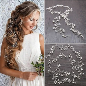 59" Long Wedding Hair Vine Crystal Pearl Headband Bridal Accessories Silver - Picture 1 of 10