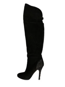 betsey johnson Solid Black Genuine Suede Leather Lace Over Knee Heeled Boots 8.5 - Picture 1 of 6