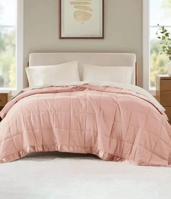 Madison Park Windom Lightweight Down Alternative Satin Trim Blanket Pink, King - Image 1 of 4
